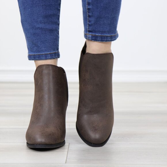 Brown High Heel Slip-On Booties Faux Leather Slip-On Stacked Heel - Picture 11 of 14